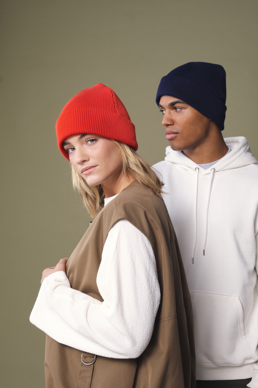 830N Premium Organic Cotton Original Cuffed Beanie - Sunset & Oxford Navy (Ecomm Shot) 02-Lifestyle Large